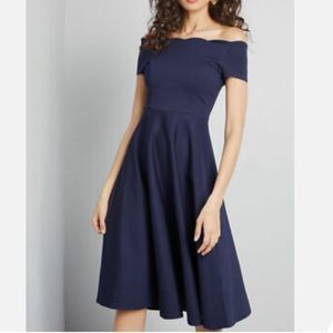 ModCloth Timeless Favorite Off Shoulder Dress Short Sleeve A-line Navy, medium